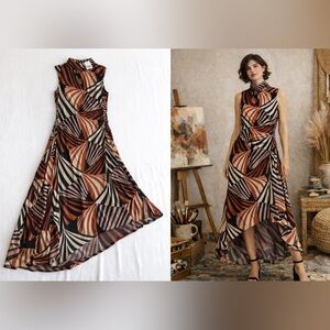 Taylor Geometric Print Asymmetrical Maxi Dress Size 10 Ruched Mock Neck Boho Art